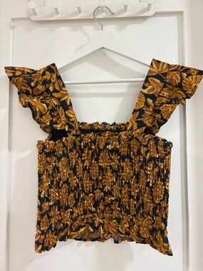 Sezane Elodia Smocked Ruffle Strap Crop Top - Mustard Floral